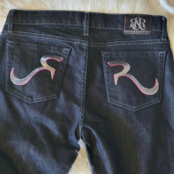 Rock & Republic R&R Womens Denim Pink Sequin Pocket Jeans Irregular hem Mid Rise - Picture 7 of 7